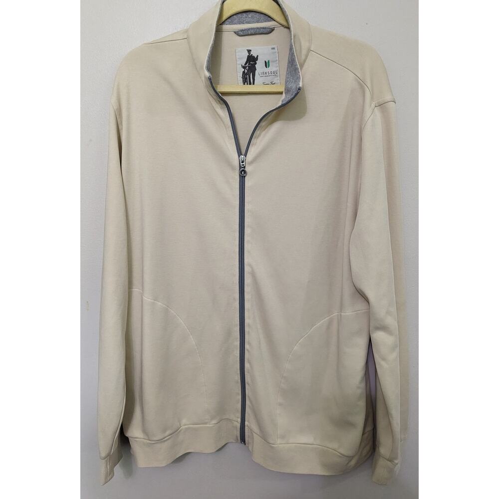 LinkSoul Men's Classic Golf Full Zip 100% Luxury Cotton Cream Color Size L